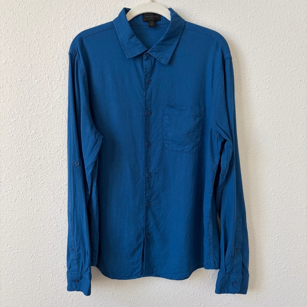 Magaschoni Linen Blend Button Up Roll Tab Sleeve Shirt Blue Size Small Coastal